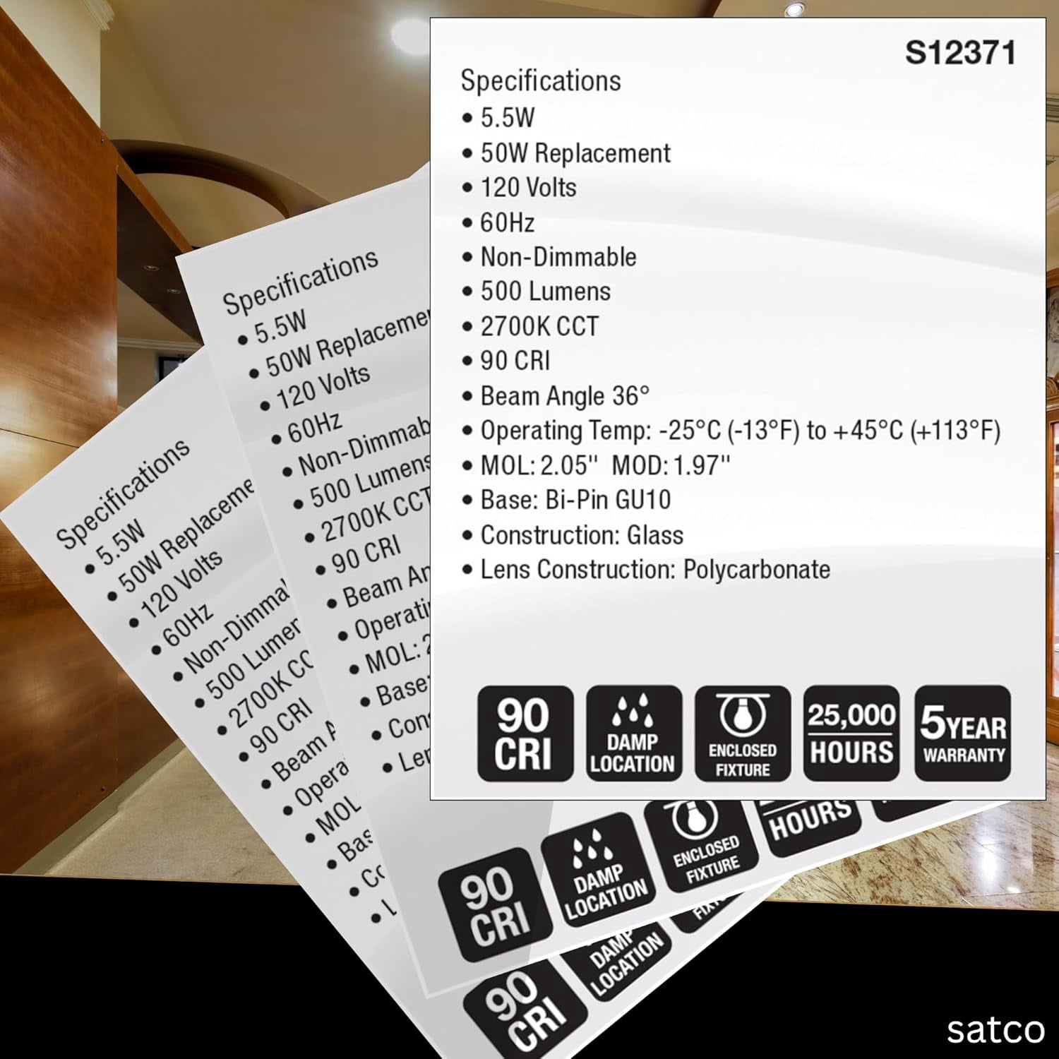 Satco S12371 MR16 LED Flood Light Bulbs 120V 5.5W 2700K GU10 Base Dimmable (12 Pack)