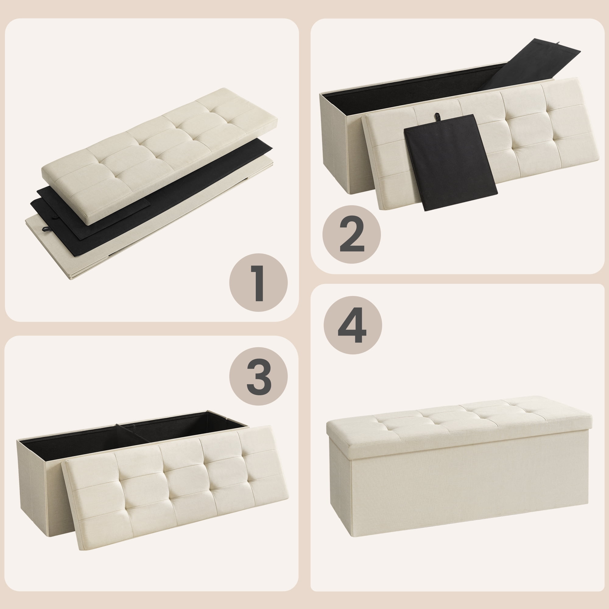 Ledrem Cream White Folding Storage Ottoman Bench with 660lb Capacity, Ottoman with Storage, Footrest