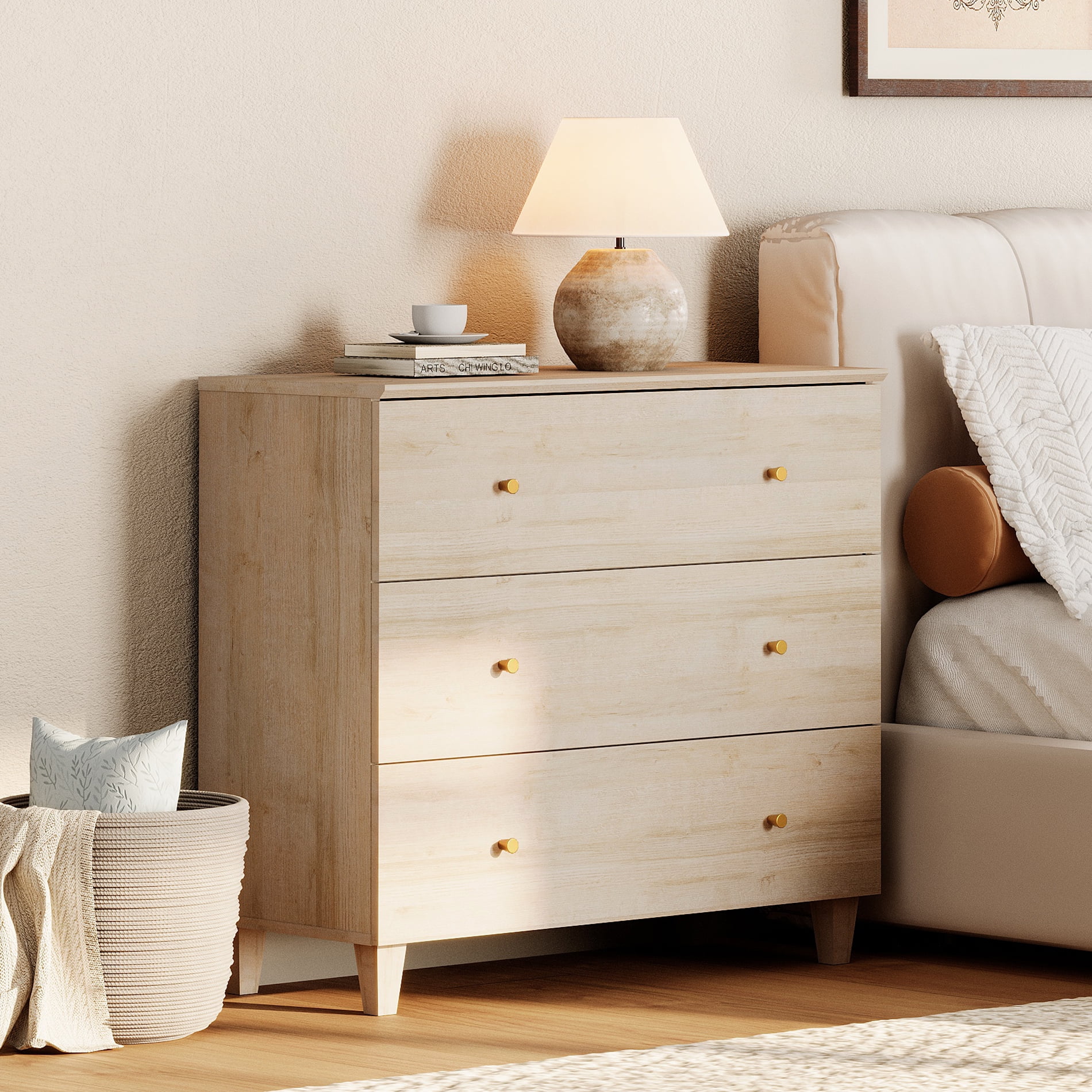 WAMPAT Large 3-Drawer Nightstand, 36" Wide Wooden Bedside Table with Deep Storage, Modern Oversized End Table for Bedroom, Natural Oak