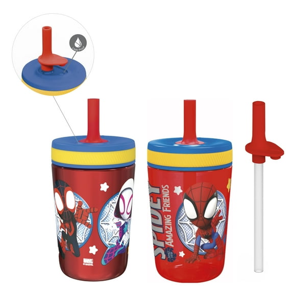 Zak Designs 12oz and 15oz 2-Pack Straw Tumbler Stainless Steel and Plastic with Additional Straw Leakproof and Perfect for Kids, Spiderman
