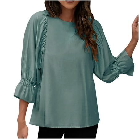 

Women Solid Color Long Sleeve Pullover Casual Trumpet Sleeves Blouse Casual Tunic Shirt Fashion Long Sleeve Comfy Tunic Blouse Top for Ladies