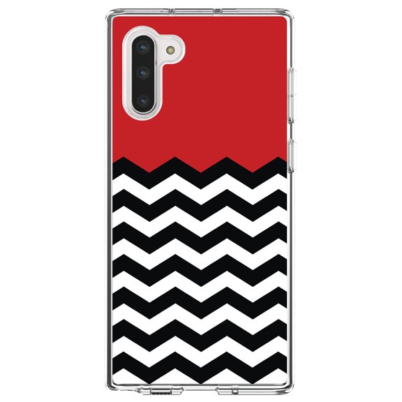 DistinctInk Clear Shockproof Hybrid Case for Samsung Galaxy Note 10 (6.3" Screen) - TPU Bumper, Acrylic Back, Tempered Glass Screen Protector - Black White Red Chevron - Black & White Stripes Pattern