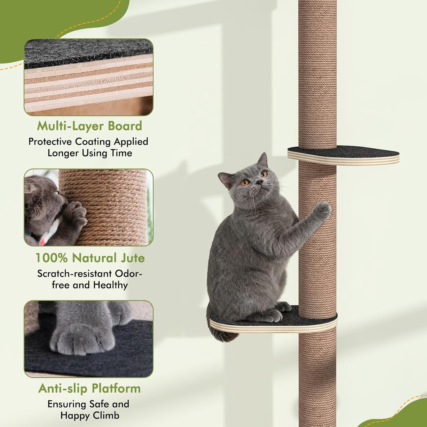 Tall Cat Tree Wall Mounted for Large Cats, 82-inch Corner Scratching Post with Toys, Ceiling-to-Floor Cat Tower and Play Shelf for Sleeping Lounging Perching
