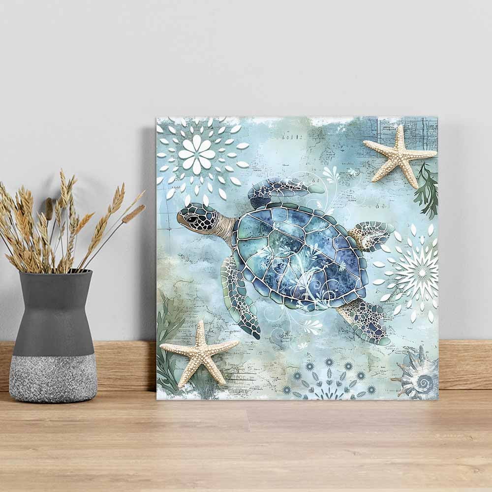 Ocean Sea Canvas Wall Art, Turtle Starfish Undersea Nautical Vintage Blue Framed Wall Decor Modern Artwork Prints Painting for Living Room, Bedroom, Kitchen & Cafe Decor 16x16 Inch