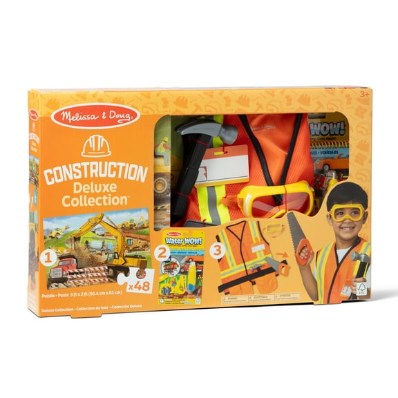 Melissa & Doug Construction 3-in-1 Deluxe Collection Themed Gift Set – Costume Role Play, Puzzle, Water WOW! - FSC Certified