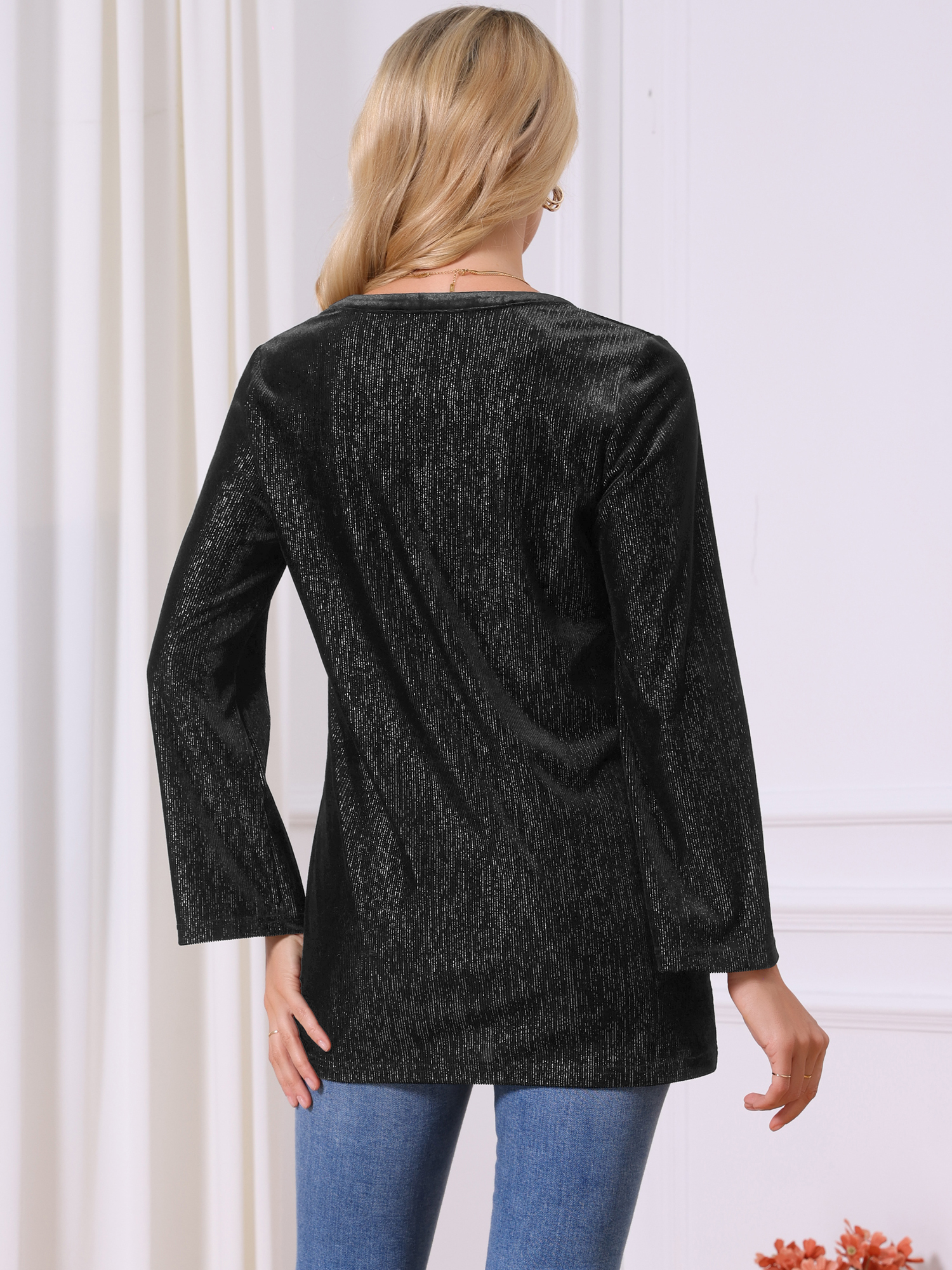 DARING DIVA Women's Velvet V Neck Long Sleeve Metallic Blouse XL Black