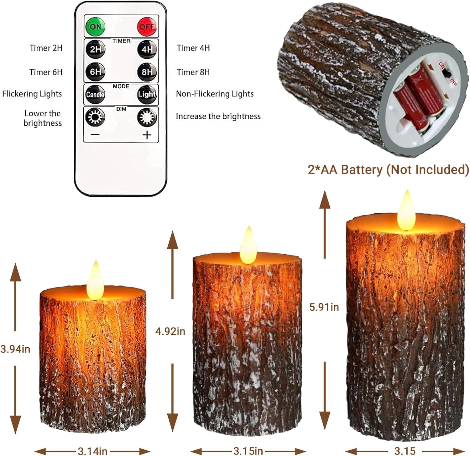 Flameless Candles Set of 3 with Remote - Pine Bark LED Pillar Candles, Battery Operated Flickering Timer for Farmhouse Decor D3 x H4 5" 6"
