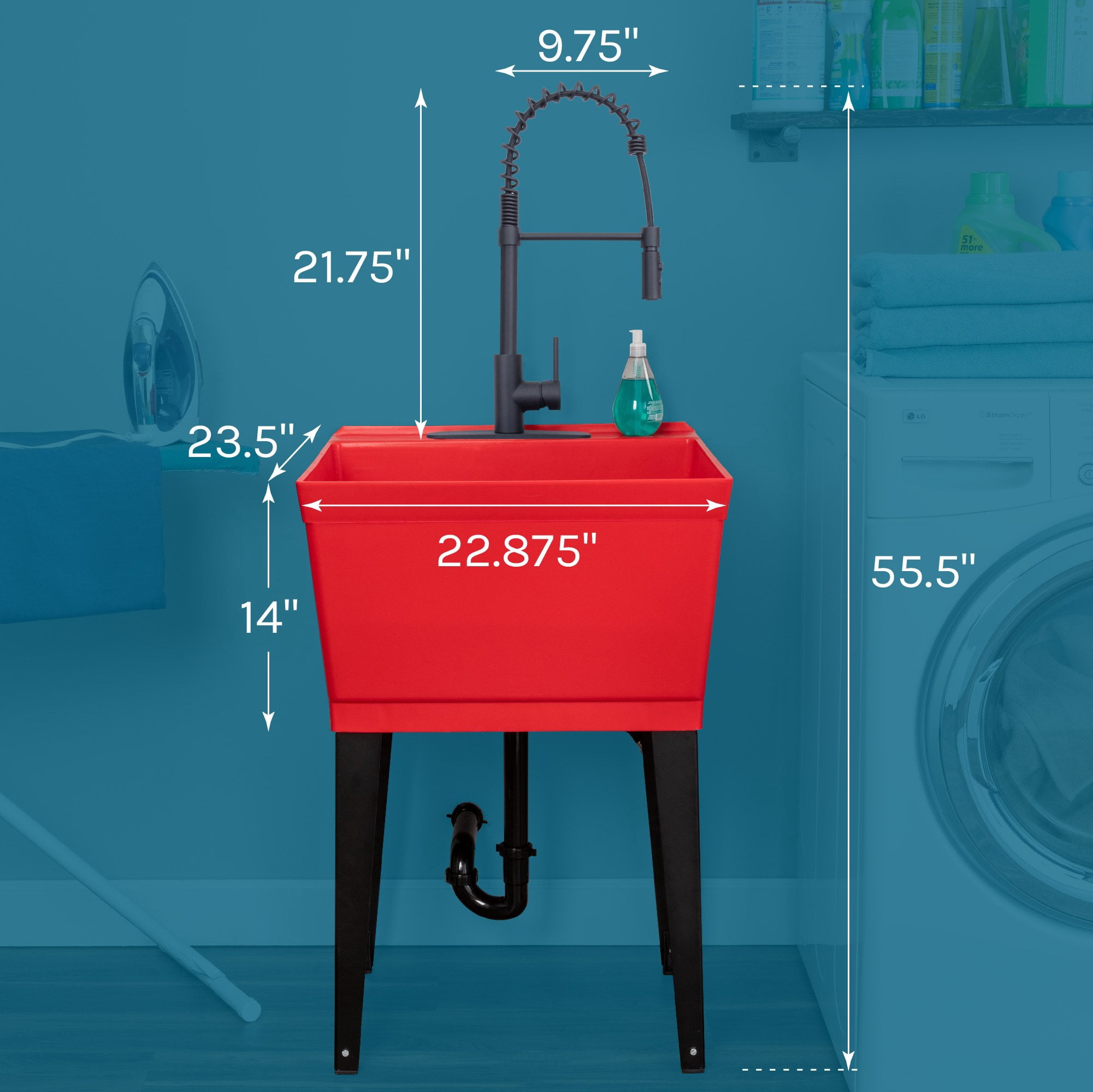 Tehila Utility Sink with Black Coil Pull-Down Faucet 19 Gallon - Red