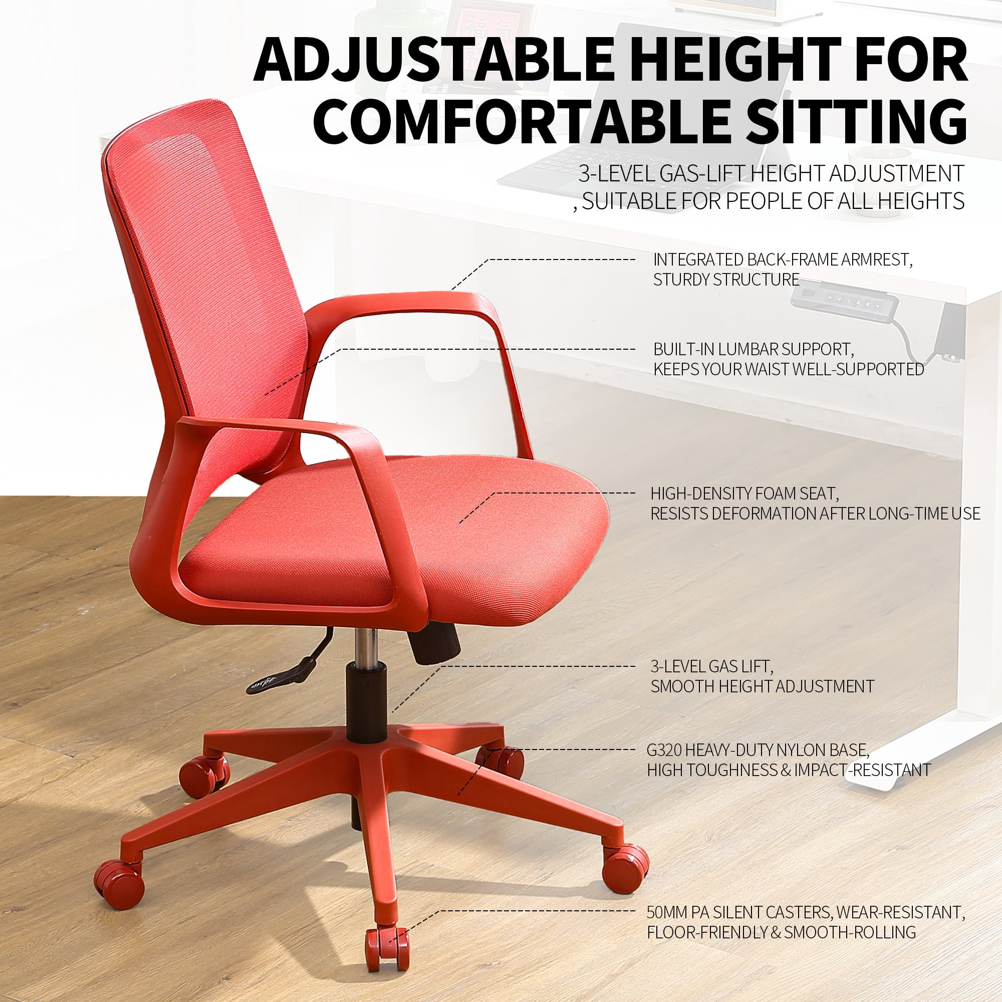 Executive Office Ergonomic Mesh Chair 350LBS, Office Seating, Mesh Fabric, Comfortable Sitting, Integrated Armrest, Lifting, Swivel Net Chair (Red)