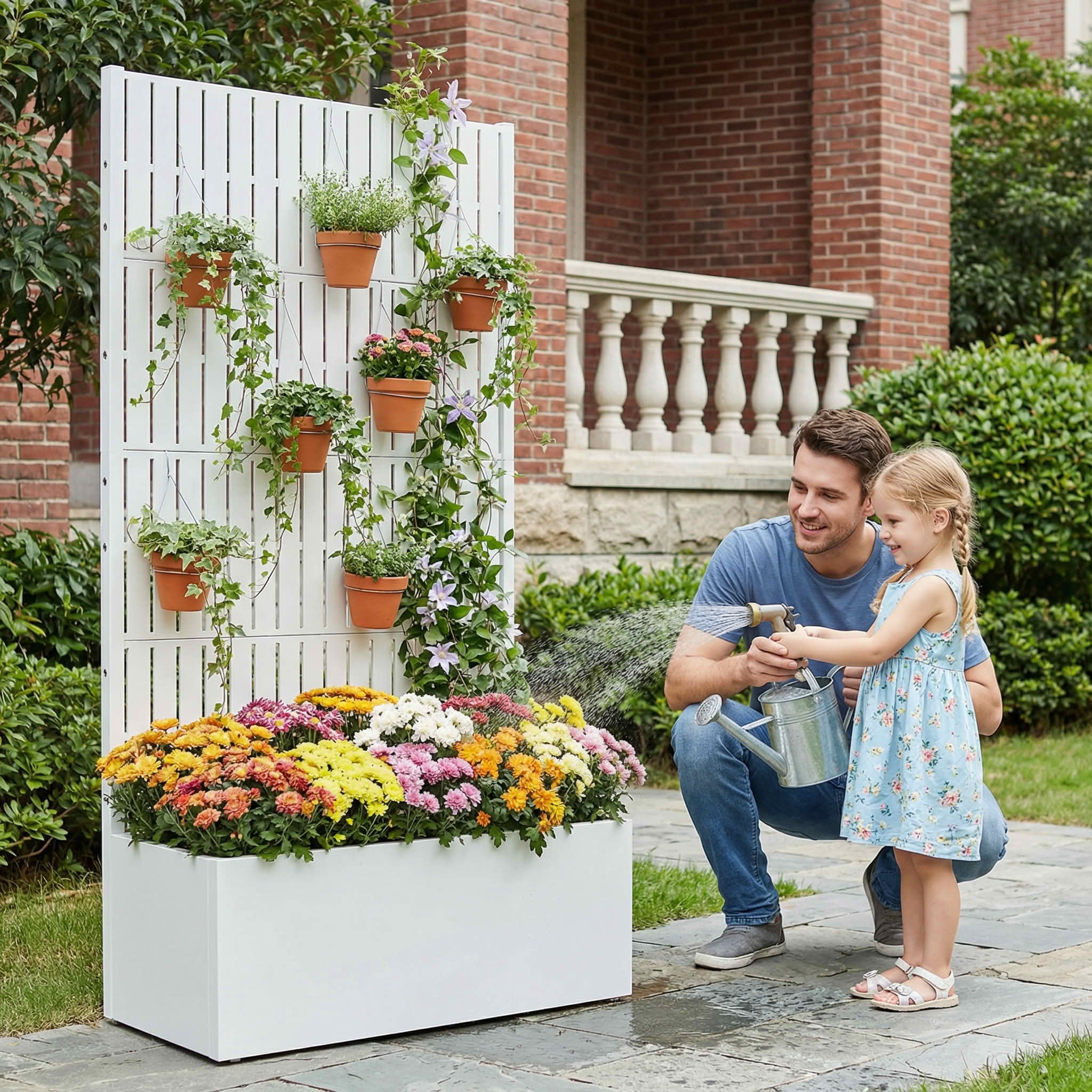 MAYEERTY 59X30" Metal Outdoor White Privacy Screen with Planter Box for Backyard & Garden, 4 Piece Set