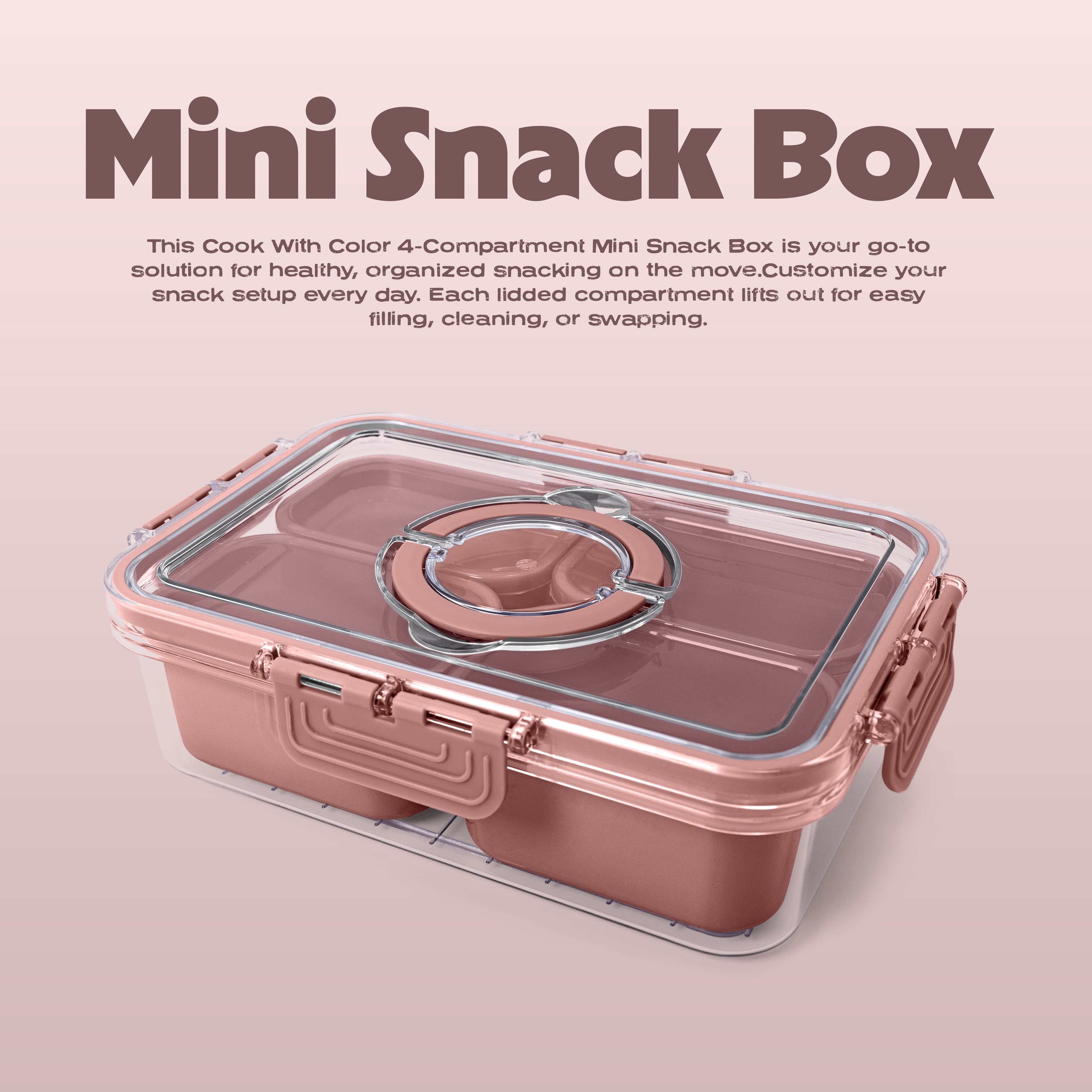 Cook with Color Pink Portable 4-Compartment Snack Food Storage Container, Portable and Dishwasher Safe with Ice Packs