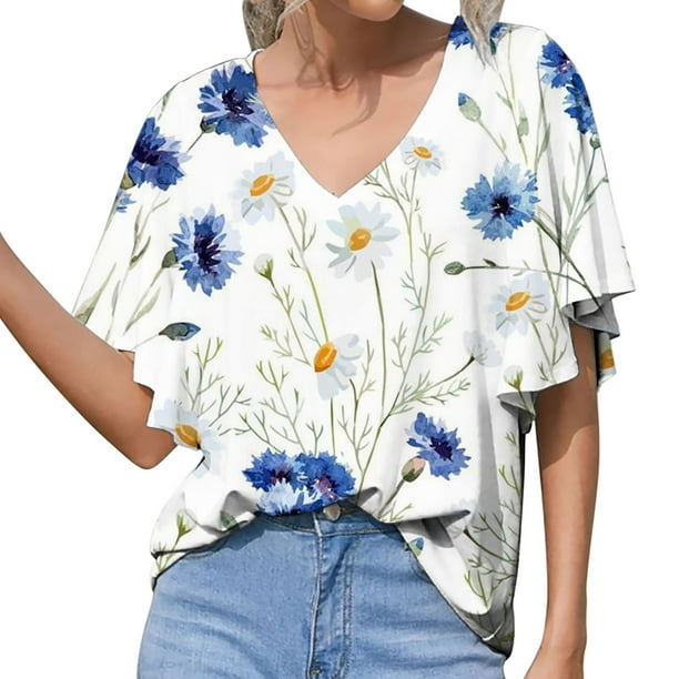 Camiseta de manga corta suelta con cuello en V y estampado informal a la moda de verano para mujer Pompotops hkajfhjk471301