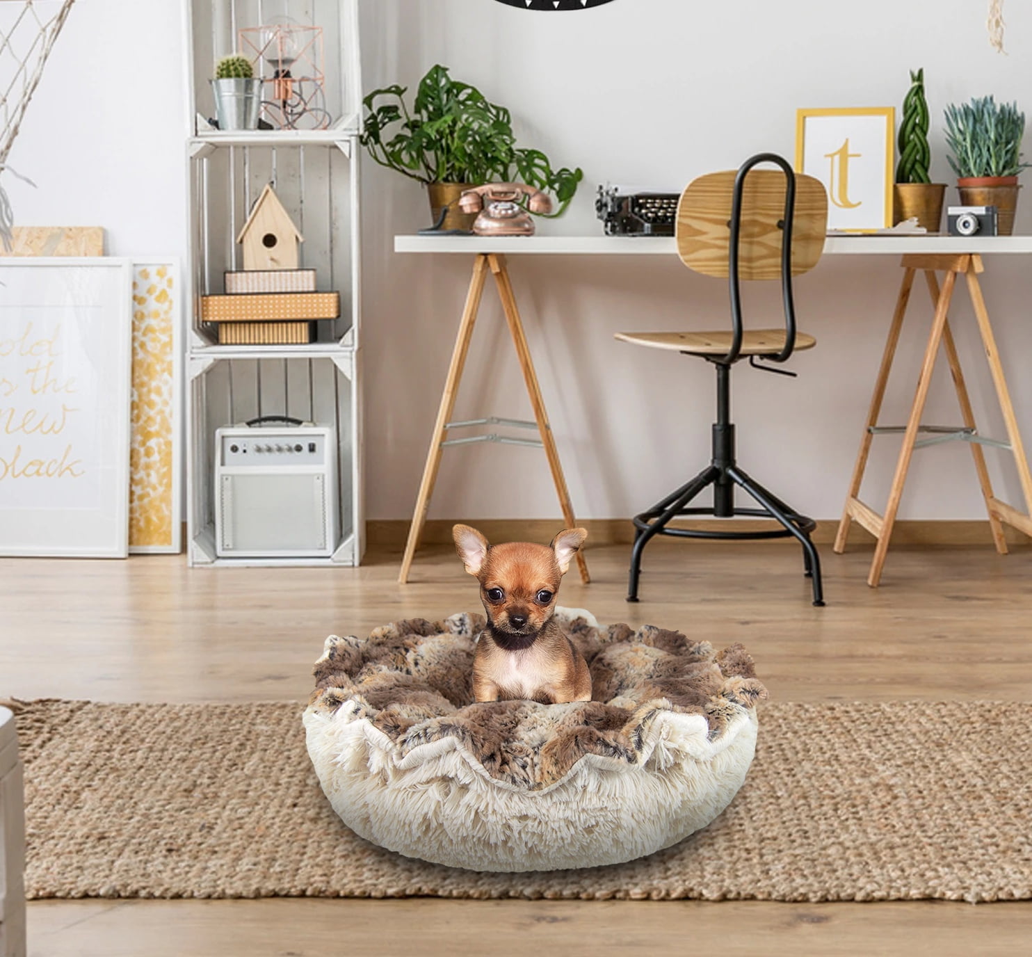 desk with dog bed
