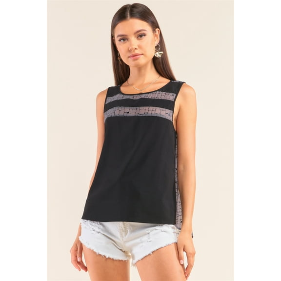 Grey And Black Sleeveless Relaxed Fit Brick Pattern Print Mesh Round Neck Top