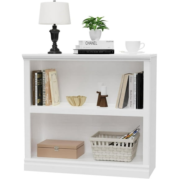 2-Shelf White Bookcase Wooden Bookshelves, Floor Standing Display Storage Shelves Low Bookcase for Home Office, Living Room, Bed Room