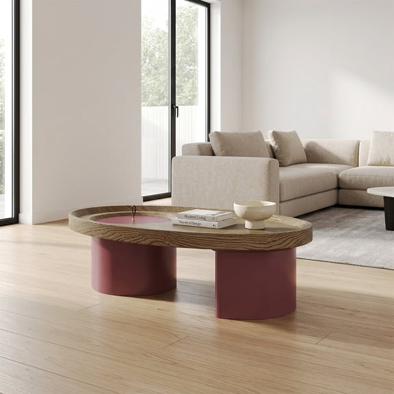 Oval Wood Coffee Table with Walnut Top and Red Legs - Mid-Century Modern Living Room Center Table