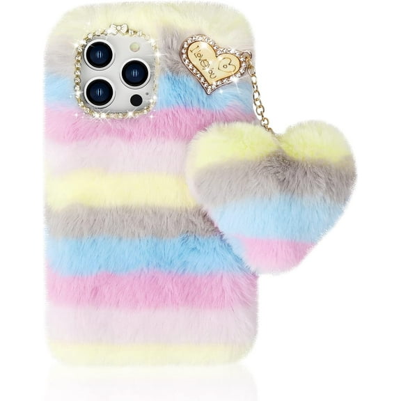 Compatible with iPhone 14 Pro Max Furry Case with Cute Love Heart Fuzzy Colorful Ball Pendant for Women Girls Cute Plush Case Luxury Bling Diamond Rhinestones Shockproof Protective Cover