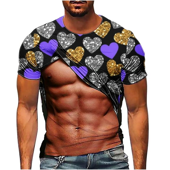 Penkiiy Valentine's Day Heart Print Muscle Tee Shirts for Men Funny T-Shirt with Abdominal Muscle 3D Printed Graphics M Khaki