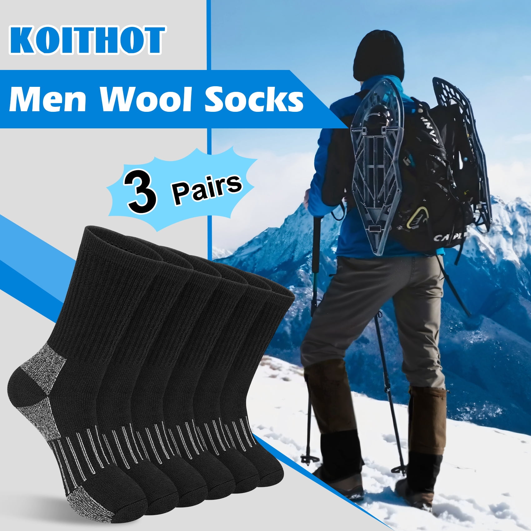 KOITHOT 3 Pack Merino Wool Socks for Men & Women, Thermal Boot Warm Hiking Socks