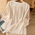 thumbnail image 2 of Dazajoo Womens Linen Embroidered Tops 3/4 Sleeve Boho Ethnic Style Peasant Tee Dressy Casual Round Neck Vintage Shirts,Beige,L, 2 of 9