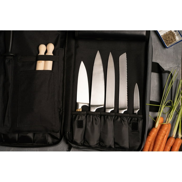 Famzigo Silver Chef Knife Bag - 29 Flexible Universal Pockets, Detachable  Adjustable Shoulder Strap - Professional Kitchen Accessories - Camping  Storage, Carrying Case 
