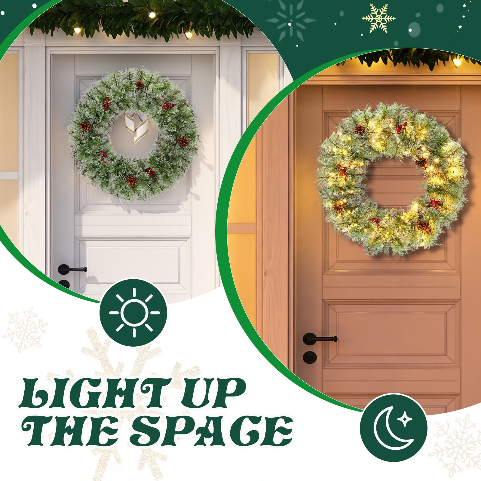 2 Pack 24in Pre-lit Christmas Wreath, Lighted Artificial Xmas Wreath with 100 Warm Lights and 150 Tips and Red Berries Pine Cones, for Front Door Gate Wall Xmas Party Decorations