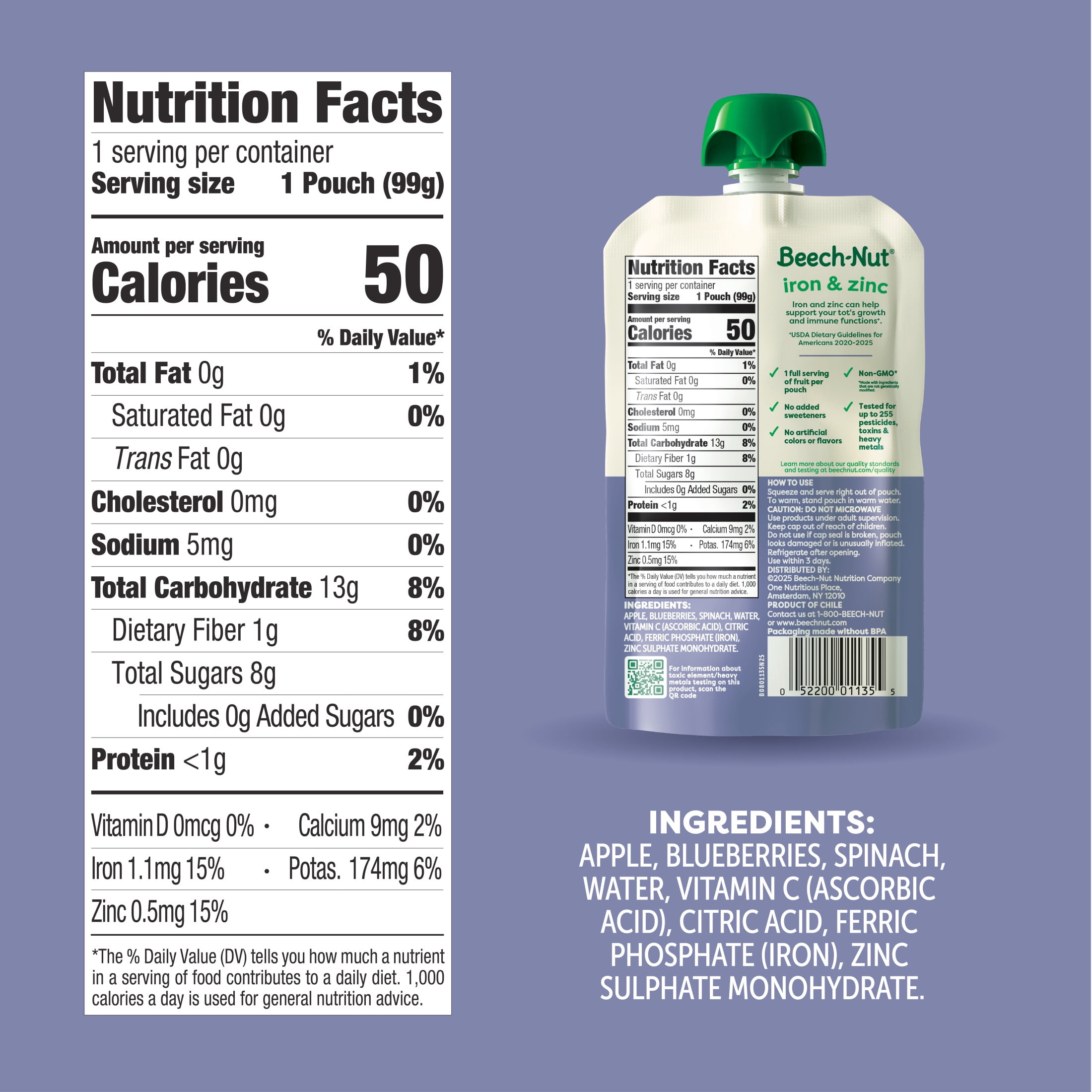 (12 pack) Beech-Nut Iron & Zinc Stage 4 Toddler Food, Apple Blueberry & Spinach, 3.5 oz Pouch