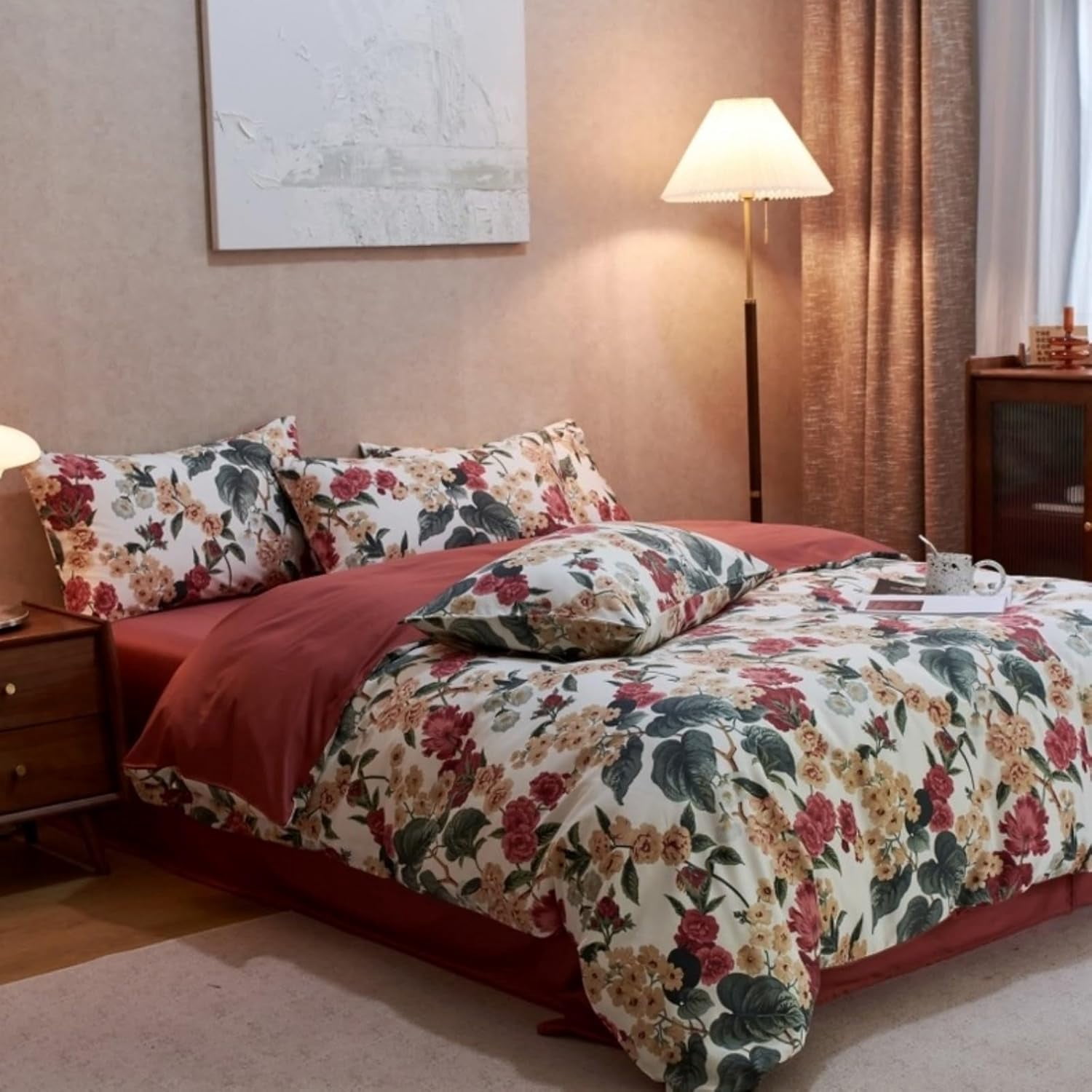 NAYOROOM Duvet Cover Set Queen, 3 Piece Romantic Red Floral Breathable Reversible Soft Duvet Cover Set for Adults