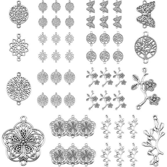 1 box 1 Box 64pcs 8 Styles Butterfly Tree of Life Connector Charms Findings Chakra Flower Craft Supplies for DIY Jewelry Bracelet Necklace Earring Making Crafting Accessories Antique Silver