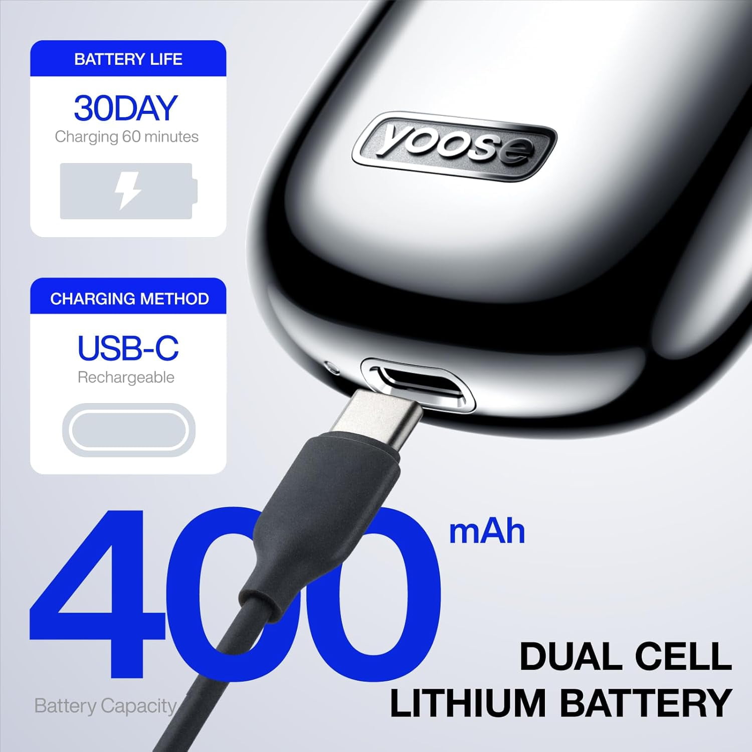 yoose Portable Electric Razor Magnetic Detachable Head with Case, USB-C quick charging, Silver