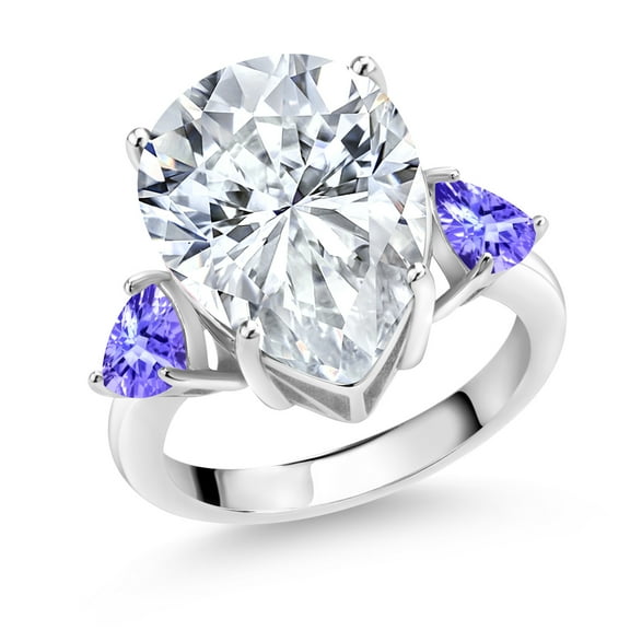 Gem Stone King 925 Sterling Silver Blue Tanzanite Ring Set with Pear Shape Moissanite (9.97 Cttw) (Size 5)