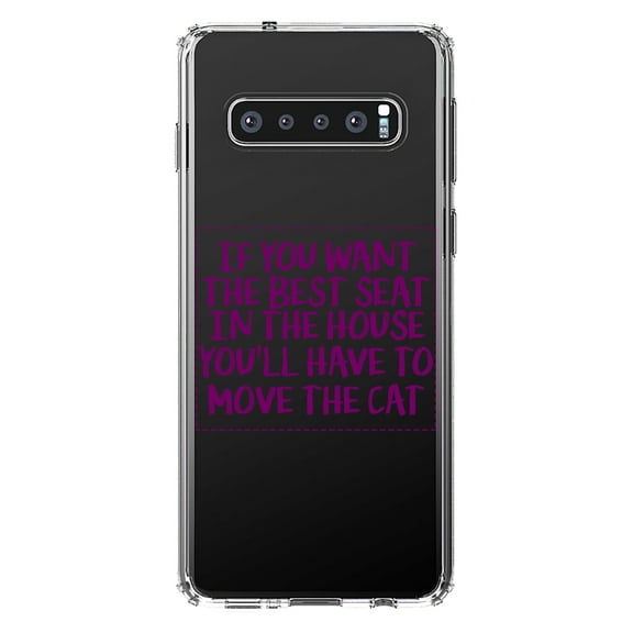 DistinctInk Clear Shockproof Hybrid Case for Samsung Galaxy S10 (6.1" Screen) - TPU Bumper Acrylic Back Tempered Glass Screen Protector - Want the Best Seat, Have to Move the Cat