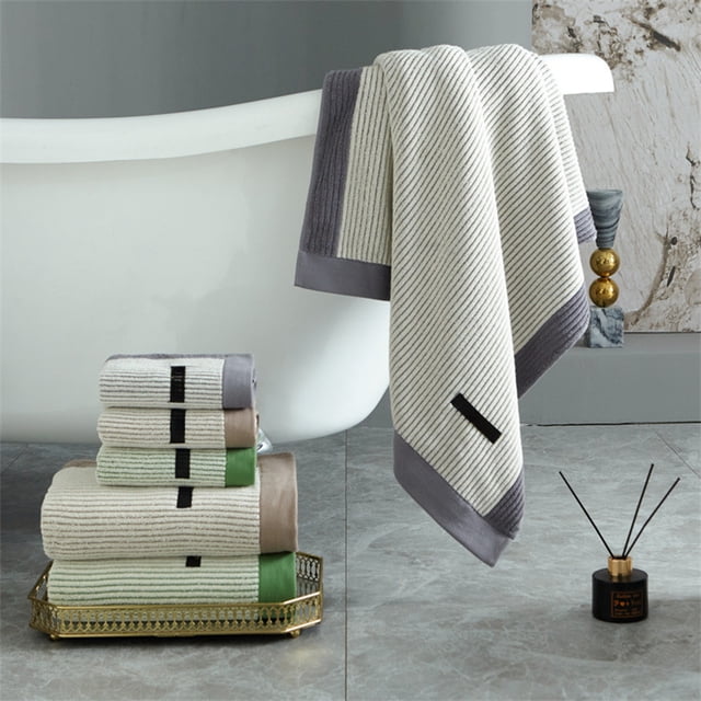 Juego de toallas de baño de algodón para hombre | Juego de 2 piezas de toallita absorbente suave y espesa y toalla de baño grande | Diseño de rayas marrones | Tejido de secado rápido y respetuoso