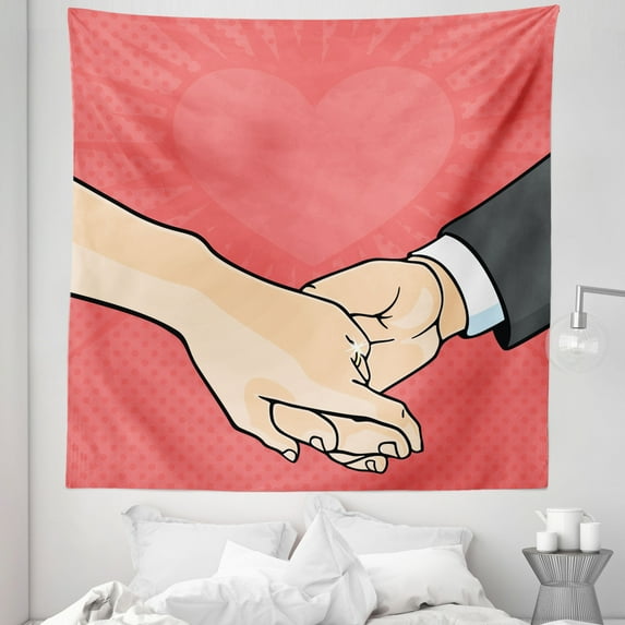 Engagement Tapestry, Classic Halftone Dot Pop Art Engaged Couple Holding Hands, Fabric Wall Hanging Decor for Bedroom Living Room Dorm, 5 Sizes, Dark Coral Beige, by Ambesonne