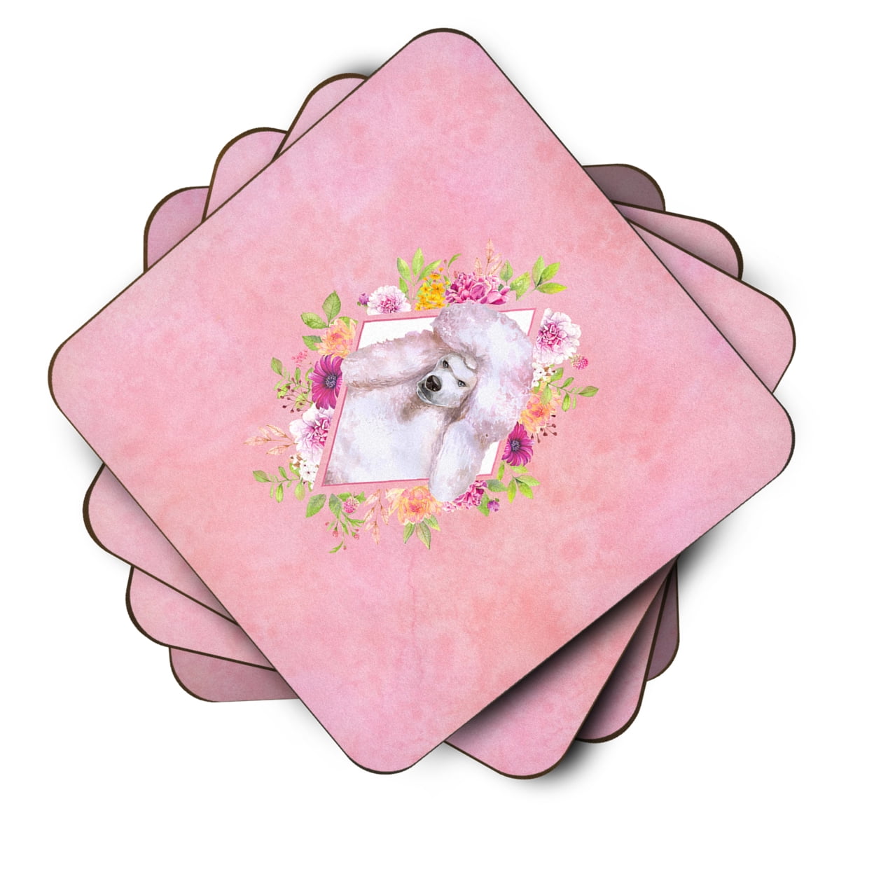 Standard White Poodle Pink Flowers Foam Coaster Set of 4