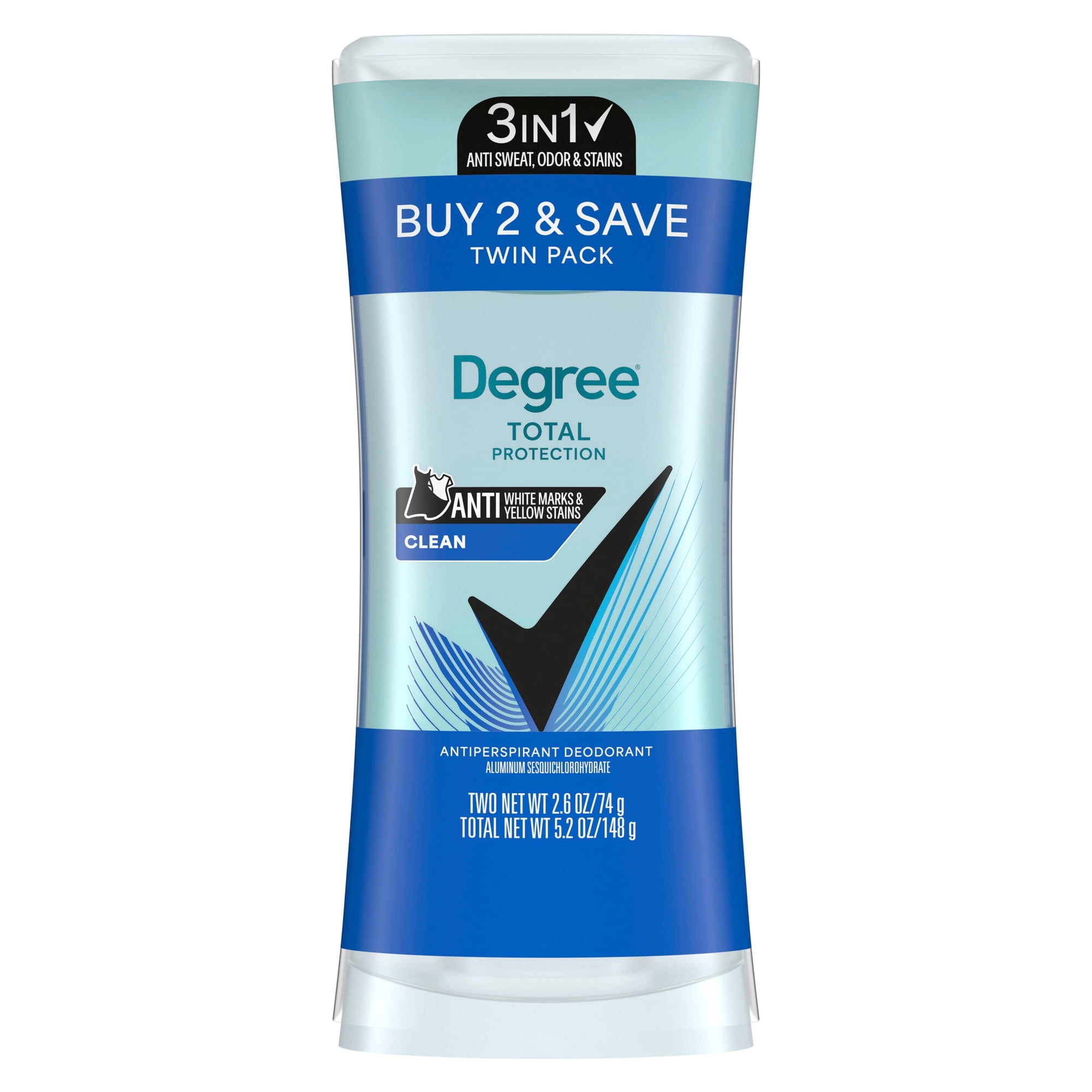 Degree 3in1 Total Protection Antiperspirant Deodorant for Women Anti Sweat, Odor and Stains, Clean 72-Hour Sweat & Odor Protection, 2.6 oz Twin Pack