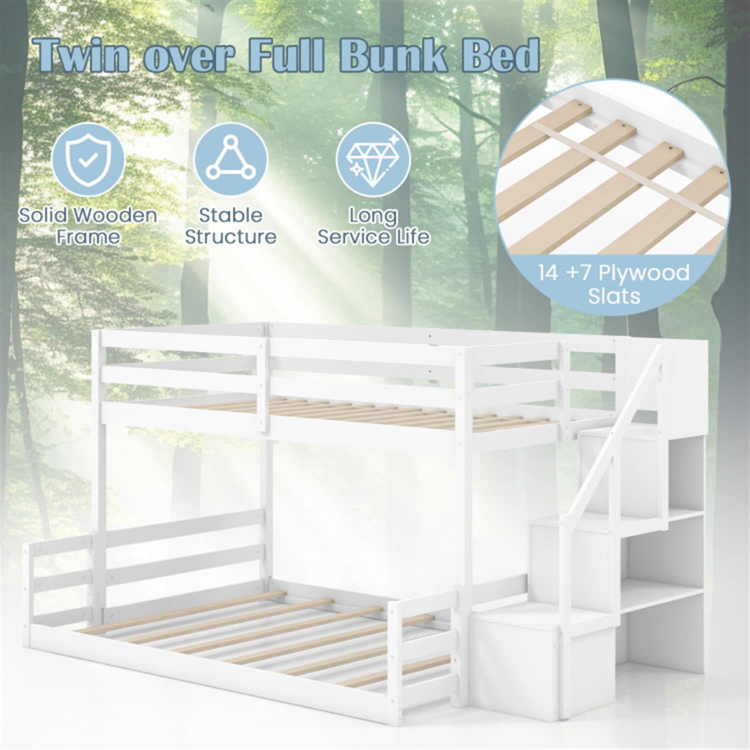 Demi Bonn Twin Over Full Bunk Bed with Safety Rail and Storage Stairs, Twin Bunk Beds, Space-saving Solid Wood Bed Frame, White