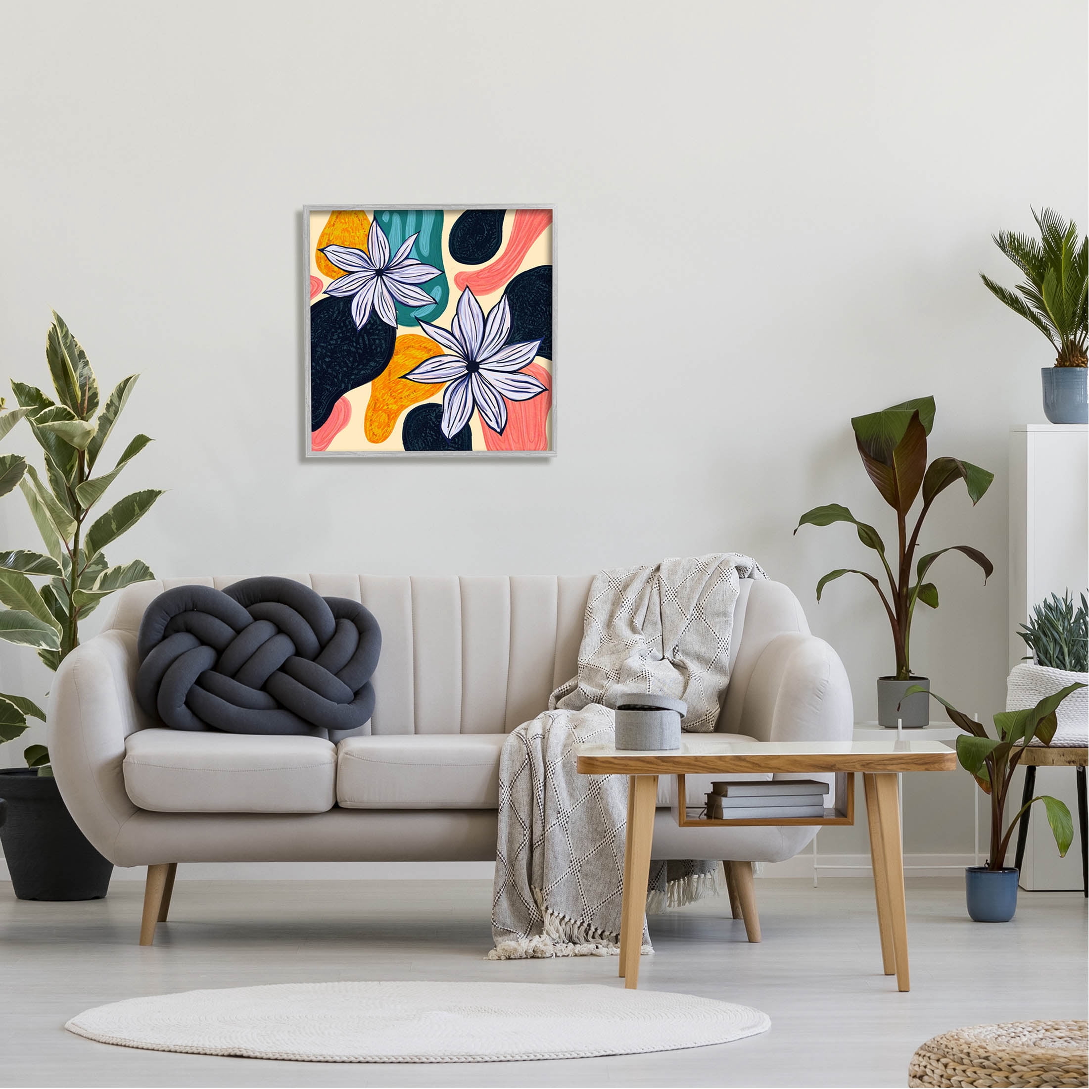 Stupell Industries Retro Floral Shapes Arrangement Graphic Art Gray Framed Art Print Wall Art, Design by Ziwei Li