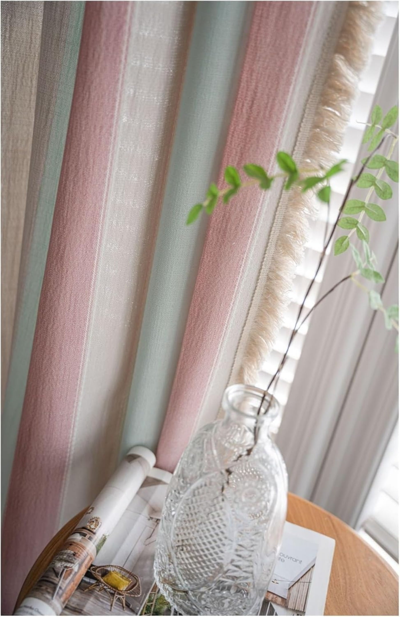 Vireellx Farmhouse Blackout Curtains，Contrasting Stripes Cotton Linen Curtains, with White Tassel Rod Pocket Curtains, Living Room Bedroom Dining Room
