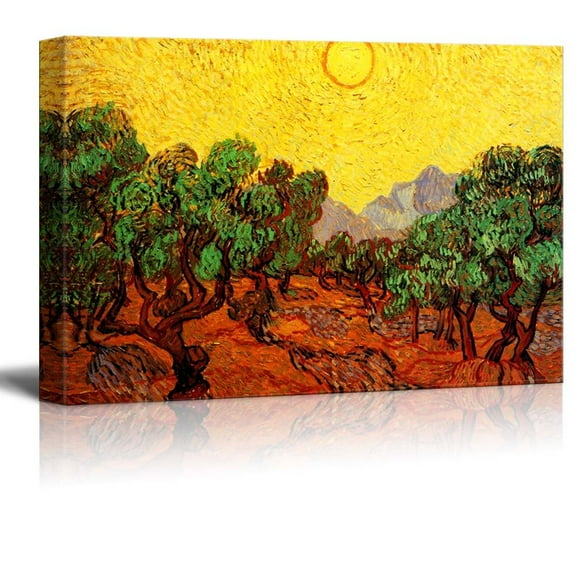 Olive Trees with Yellow Sky and Sun by Van Gogh Giclee Canvas Prints Wrapped Gallery Wall Art | Stretched and Framed Ready to Hang - 12" x 18"