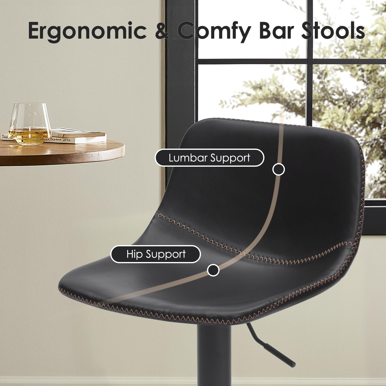STARY Adjustable Bar Stools Set of 2, Modern Swivel Bar Stools, Bar Height Stools with Back Support, Pu Leather Bar Stool for Kitchen Island Counter