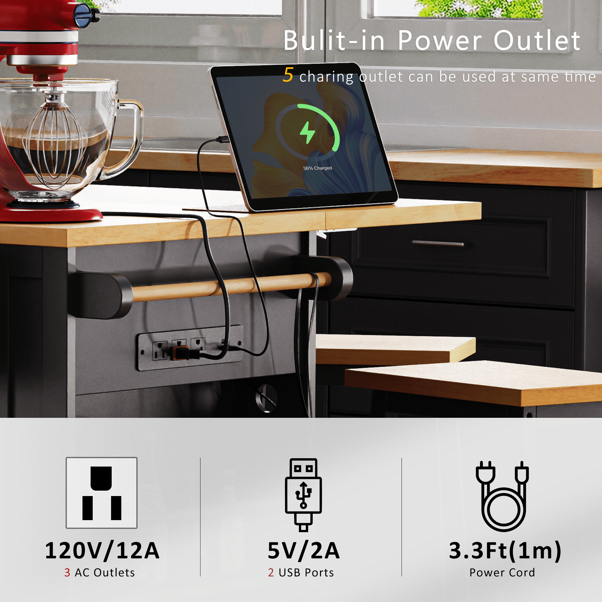 Kitchen Island with Seating and Storage, Moveable Kitchen Island with Stools, Power Outlet and Drop Leaf, Portable Kitchen Carts with Drawers and Shelves for Dinning Room