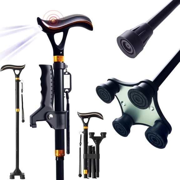 Smart Walking Cane for Seniors with LED Light & Alarm – Foldable Adjustable Walking Stick with Dual Handles, 2 Tips, USB Rechargeable, Lightweight Mobility Aid for Elderly Support up to 350 lbs