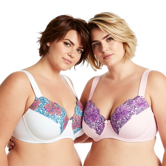Curve Muse Womens Plus Size Minimizer Underwire Unlined Bra with Embroidery Lace-2Pack-BUTTERMILK,ORCHID TINT-34B