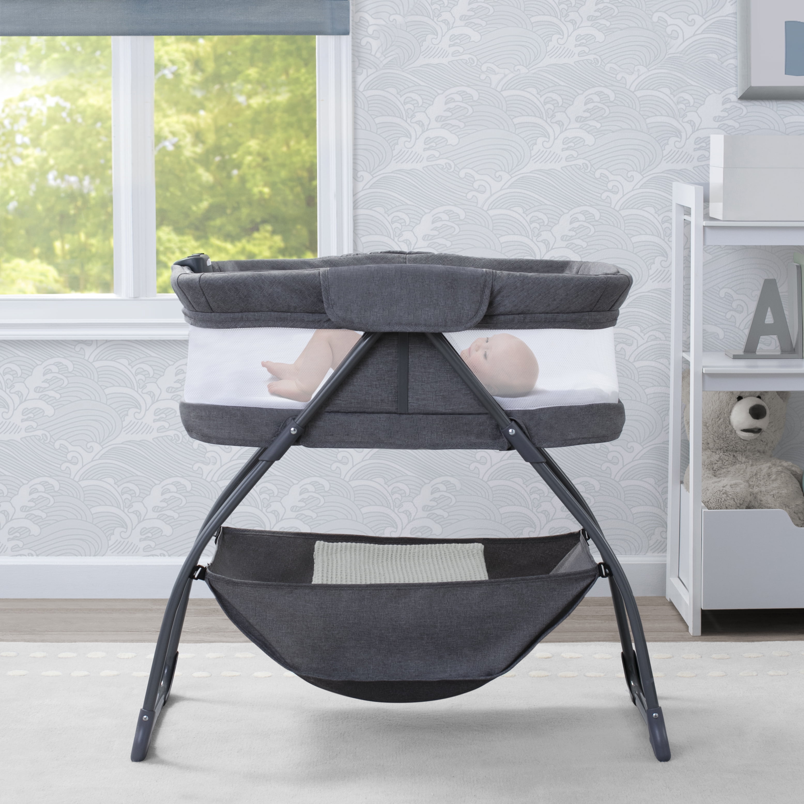 Delta Children TravelMate Compact Fold Bassinet Features Lights Sounds and Vibration Grey Tweed Walmart