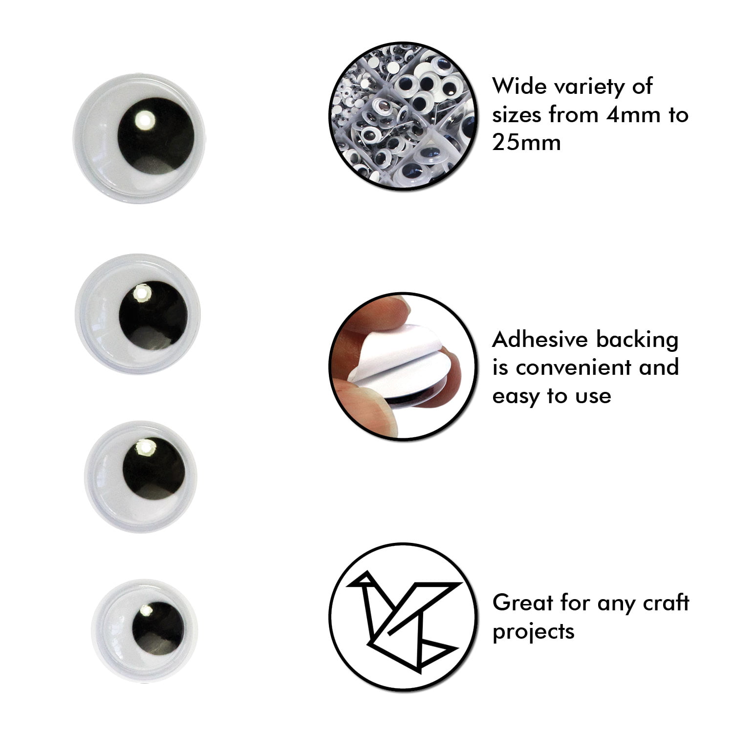 Googly Eyes, Self-adhesive, 8-12 mm, 30 Asstd., 1 Pack