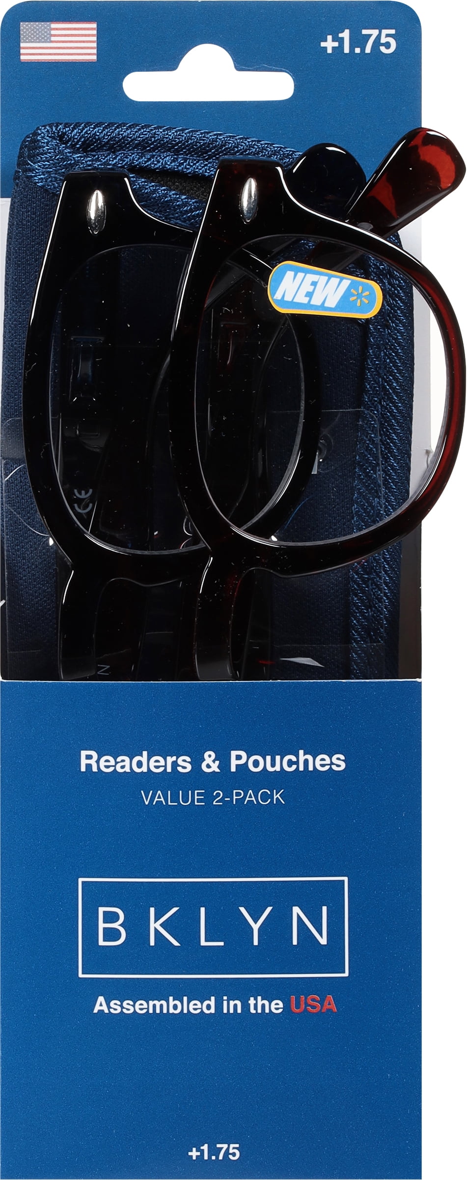 Bklyn, Harman +1.75, Adult, Unisex, Plastic Reading Glasses & Pouches Value Pack , 2 Ea