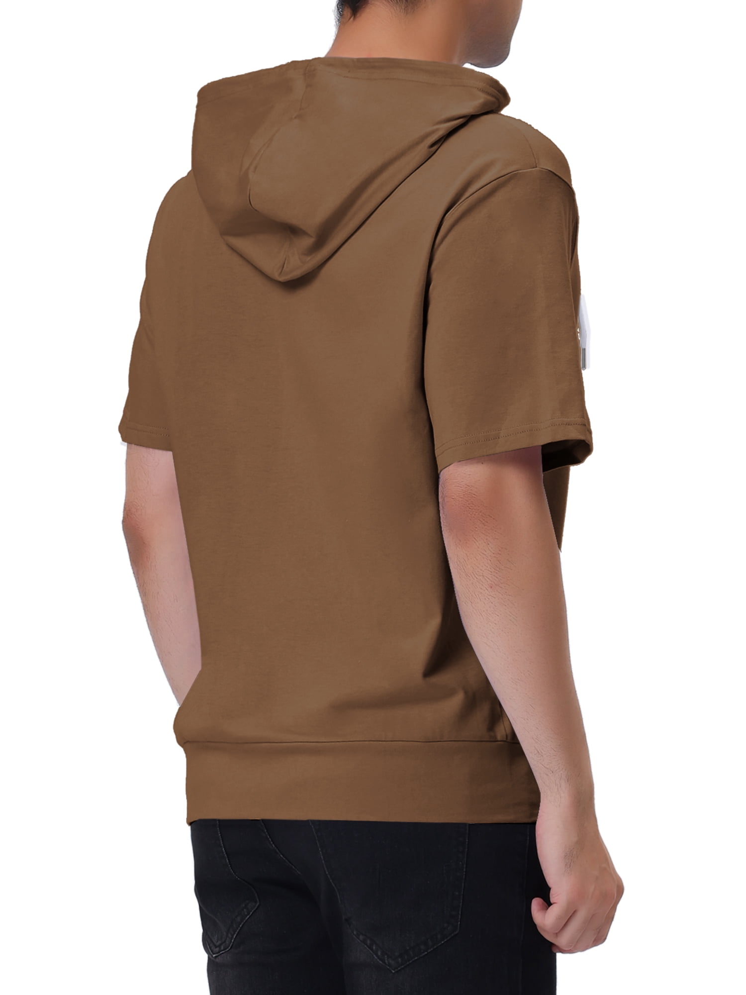 Unique Bargains Men's Short Sleeve Solid Color Zip Up Sport Hoodies L Brown