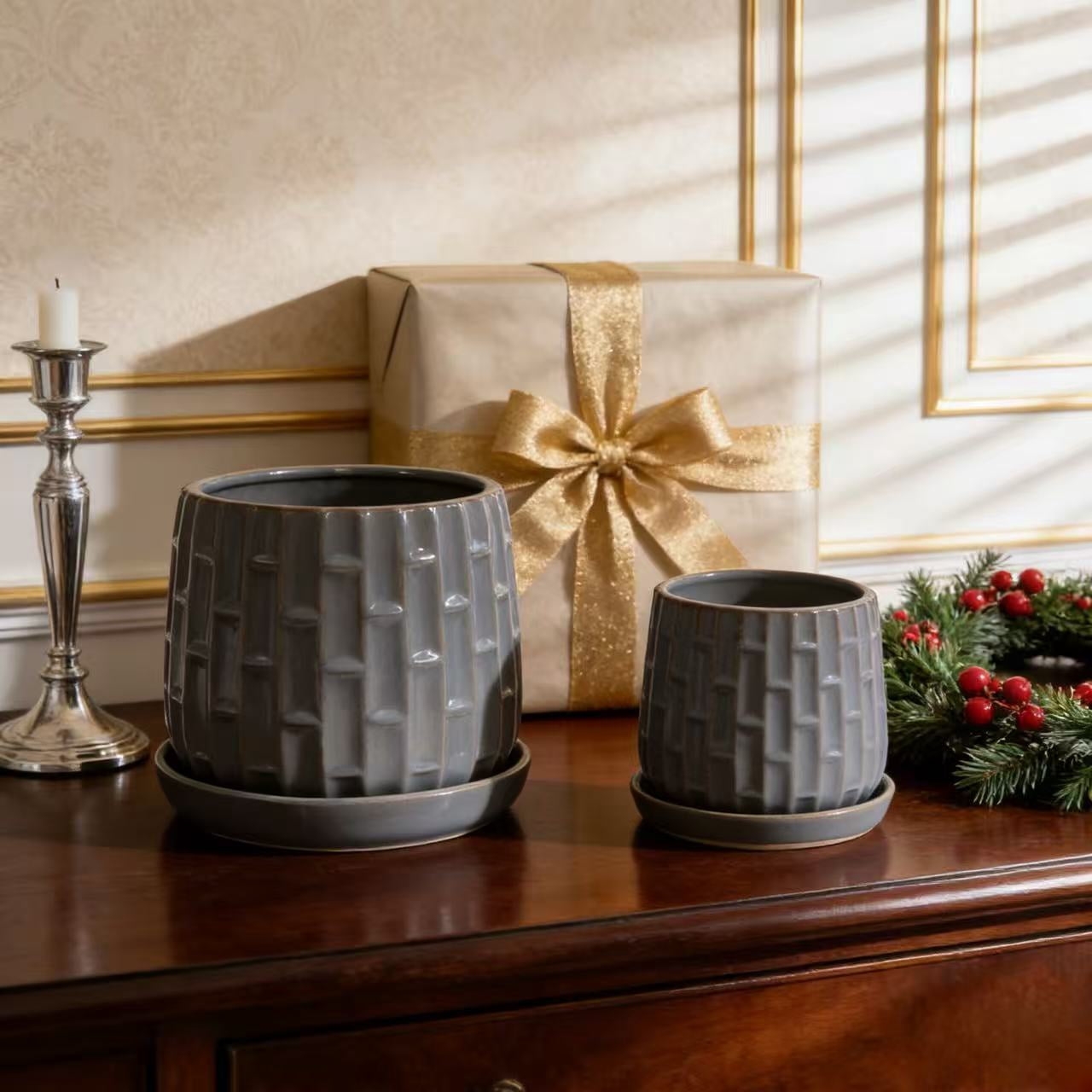 mdj pottery Ceramic Plant Pots, 7 + 5 Inch, Set of 2 Flower Pots with Drain Hole and Saucer, Bamboo Pattern Planter for Plants Orchids Succulents Indoor/Outdoor, Plant Gifts - Grey