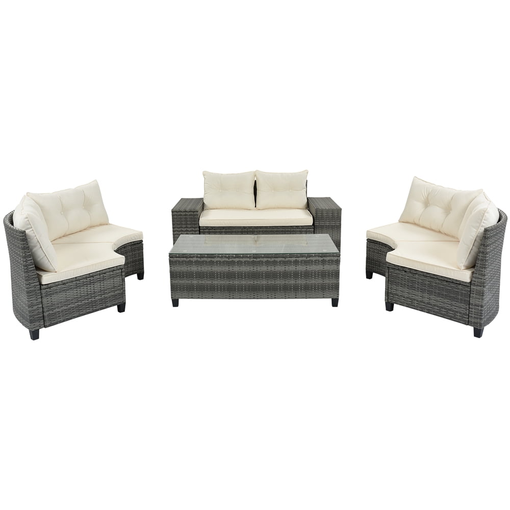 8 Pieces Outdoor Wicker Round Furniture Set, All Weather Half-Moon Sectional Patio Sofa Sets with Rectangular Coffee Table, Beige
